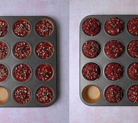 easy red velvet muffins recipe with chocolate chips bakery style, Scooping red velvet muffin batter into lined muffin cups topping with pecans and chocolate chips ready to bake