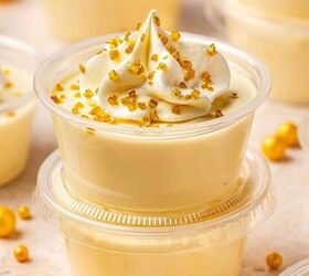 how to make chocolate dipped rice krispie treats, Festive close up of pudding shots with golden sugar topped whipped cream and smooth creamy RumChata base