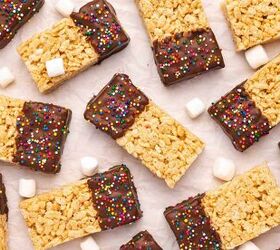 how to make chocolate dipped rice krispie treats, Chocolate dipped Rice Krispie treats topped with rainbow sprinkles on a counter top