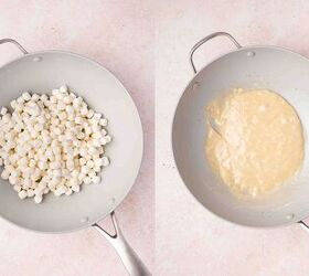 how to make chocolate dipped rice krispie treats, A large pot on the stove with butter melting marshmallows added and a spatula stirring until smooth