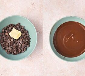 how to make chocolate dipped rice krispie treats, Semi sweet chocolate chips melting with butter in a microwave safe bowl being stirred until smooth and glossy