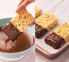 how to make chocolate dipped rice krispie treats, Rice Krispie treats being dipped halfway into melted chocolate then sprinkled with rainbow nonpareils on parchment paper