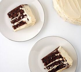 chocolate caramel cake recipe rich moist easy, Overhead view of sliced chocolate caramel cake with vanilla frosting served on white plates