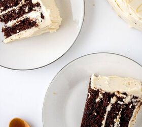 chocolate caramel cake recipe rich moist easy, Close up of a slice of chocolate caramel cake on a white plate with caramel drizzle