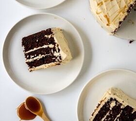 chocolate caramel cake recipe rich moist easy, Multiple slices of chocolate caramel cake arranged on plates with caramel sauce on a white background