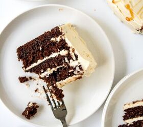 chocolate caramel cake recipe rich moist easy, Chocolate caramel cake slice with a fork taking a bite showing layered chocolate cake and frosting