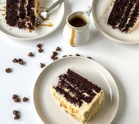 chocolate caramel cake recipe rich moist easy, Chocolate caramel cake slices on plates with caramel drizzle and chocolate chips scattered on the table