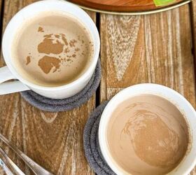 chocolate caramel cake recipe rich moist easy, Two mugs of hot cocoa coffee resting on coasters ready to serve