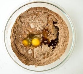 chocolate caramel cake recipe rich moist easy, Eggs and liquid ingredients added to the center of dry chocolate cake batter before mixing