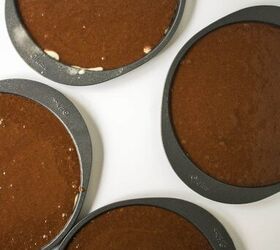 chocolate caramel cake recipe rich moist easy, Chocolate cake batter evenly divided into round cake pans ready for baking