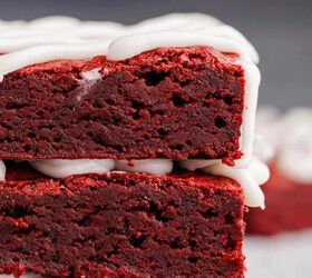 red velvet brownies, Close Up Red Velvet Brownie Stack with Frosting Drizzle