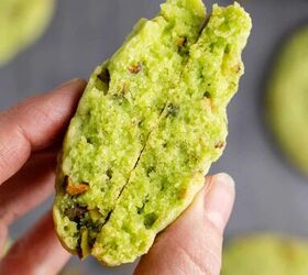 pistachio pudding cookies, Green Pistachio Pudding Cookie Cut in Half Being Picked Up to Show Texture