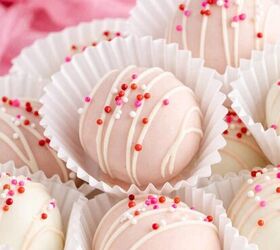 red velvet brownies, Valentine s Day Truffles in white sleeves piled on a platter