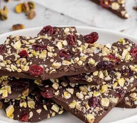 red velvet brownies, Dark Chocolate Bark with dried cranberries and pistachios on a plate