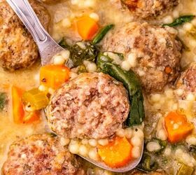 crockpot italian wedding soup, a spoonful of wedding soup with meatballs carrots spinach and and acini de pepe