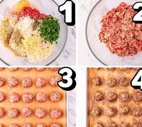crockpot italian wedding soup, a 4 image collage showing how to mix shape and bake meatballs
