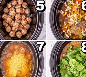 crockpot italian wedding soup, a 4 image collage showing up to place meatballs veggies broth acini di pepe pasta and spinach in the crock pot for wedding soup