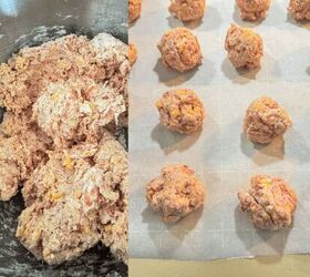 cheddar bay sausage balls, a 2 image collage showing up to mix and shape cheddar bay sasusage balls