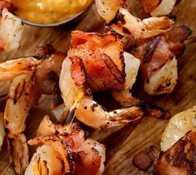 bacon wrapped shrimp air fryer wrapped shrimp, Bacon Wrapped Shrimp on a cutting board with a side of mustard