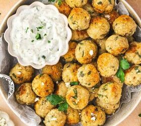 easy creamy roasted red pepper gouda soup recipe, Baked chicken and feta meatballs served with a small bowl of tzatziki sauce