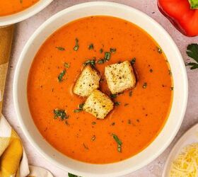 easy creamy roasted red pepper gouda soup recipe, Creamy roasted red pepper Gouda soup served warm with croutons and parsley