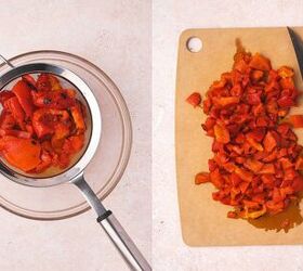 easy creamy roasted red pepper gouda soup recipe, Draining and chopping jarred roasted red bell peppers for creamy soup