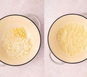 easy creamy roasted red pepper gouda soup recipe, Saut ing onion and garlic in olive oil in a pot