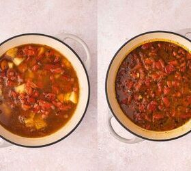 easy creamy roasted red pepper gouda soup recipe, Adding roasted red peppers potato herbs and broth to soup pot