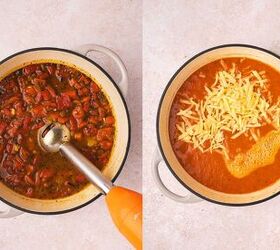 easy creamy roasted red pepper gouda soup recipe, Blending roasted red pepper Gouda soup until smooth and creamy