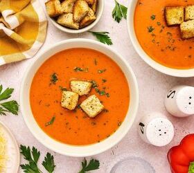 easy creamy roasted red pepper gouda soup recipe, Homemade roasted red pepper Gouda soup served with croutons and parsley