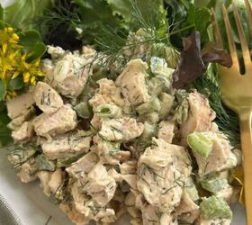 mediterranean chicken couscous bowl, Easy Gluten Free Chicken Salad recipe on a white plate with a gold fork