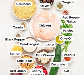 mediterranean chicken couscous bowl, A flat lay of labeled ingredients for Mediterranean couscous bowls including chicken olives Greek yogurt chickpeas feta cheese cucumber cherry tomatoes red onion garlic lemon parsley olive oil and spices