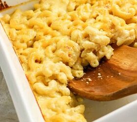 3 cheese macaroni and cheese recipe for pure comfort, Side view of rich and creamy three cheese macaroni and cheese in a white baking dish