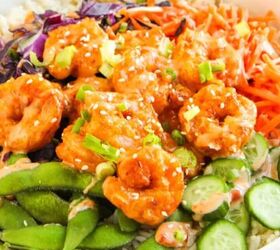 3 cheese macaroni and cheese recipe for pure comfort, Bang bang shrimp bowl with rice crispy shrimp edamame cucumbers carrots and purple cabbage drizzled with creamy sauce