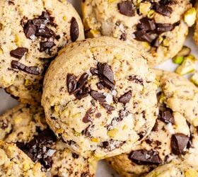 pistachio chocolate chip cookies, Pistachio Chocolate Chip Cookies stacked on top of each other