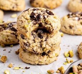 pistachio chocolate chip cookies, Pistachio Chocolate Chip Cookies stacked with nuts all around