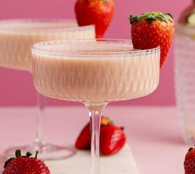 pistachio chocolate chip cookies, Strawberries and Cream Martini in coup glasses on a cutting board