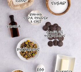 pistachio chocolate chip cookies, Pistachio Chocolate Chip Cookies Ingredients on a counter