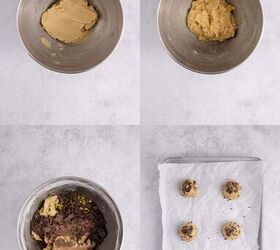 pistachio chocolate chip cookies, Pistachio Chocolate Chip Cookie dough being made in a mixer bowl and then scooped on a baking sheet