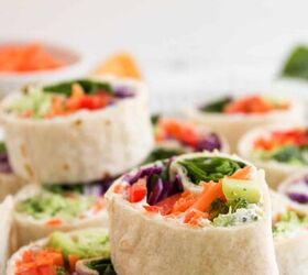rainbow veggie pinwheels recipe easy and colorful, Veggie pinwheel wraps with creamy spread and fresh vegetables on a white dish