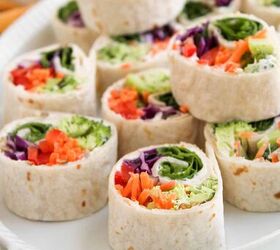 rainbow veggie pinwheels recipe easy and colorful, Stacked veggie pinwheels showing broccoli red peppers and cabbage filling