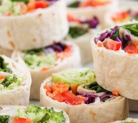 rainbow veggie pinwheels recipe easy and colorful, Healthy veggie pinwheels made with tortillas fresh vegetables and creamy spread