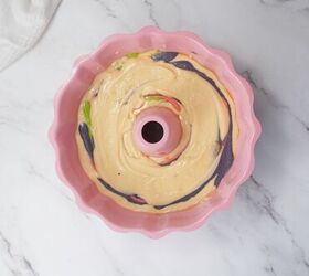 easter bundt cake recipe for spring celebrations, Bundt pan filled with swirled cake batter ready for baking