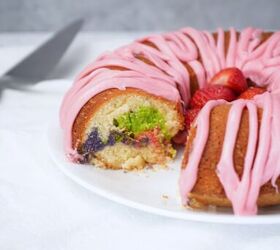 easter bundt cake recipe for spring celebrations, Close up of Easter bundt cake slice showing colorful marbled interior and pink icing