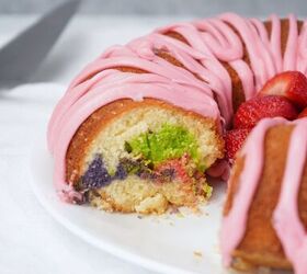 easter bundt cake recipe for spring celebrations, Easter bundt cake slice with green and purple marble swirl inside