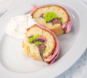 easter bundt cake recipe for spring celebrations, Two slices of Easter bundt cake served with whipped cream on a plate