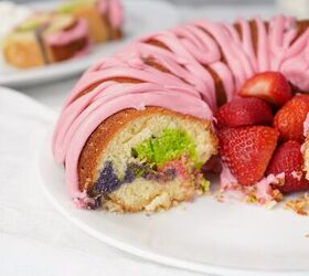 easter bundt cake recipe for spring celebrations, Easter bundt cake slice with pink icing and strawberries whole cake in the background