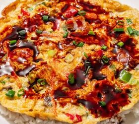 easter bundt cake recipe for spring celebrations, Vegetable egg foo young with scallions and brown sauce served over white rice