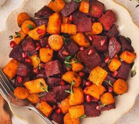 the best beef and barley stew comforting one pot recipe, Sheet pan roasted beets and carrots with maple orange glaze topped with pomegranate seeds