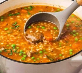 easy roasted red bell pepper and chickpea salad recipe, Hearty beef and barley stew simmering in a pot with tender beef vegetables and pearl barley